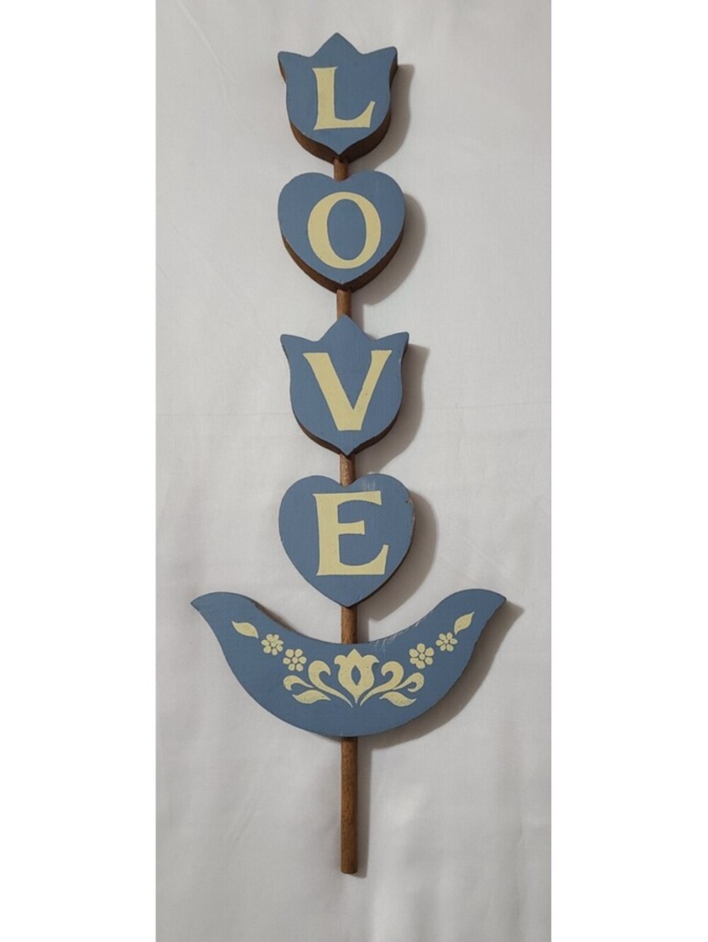 Vtg Country Cottage Wooden 18" Tulip LOVE Wall Hanging Stem Blue Folk Art Decor